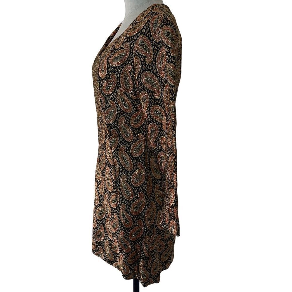 Vintage Handmade Mini Party Dress Size Small Gold Red Black Metallic Paisley - Picture 11 of 12